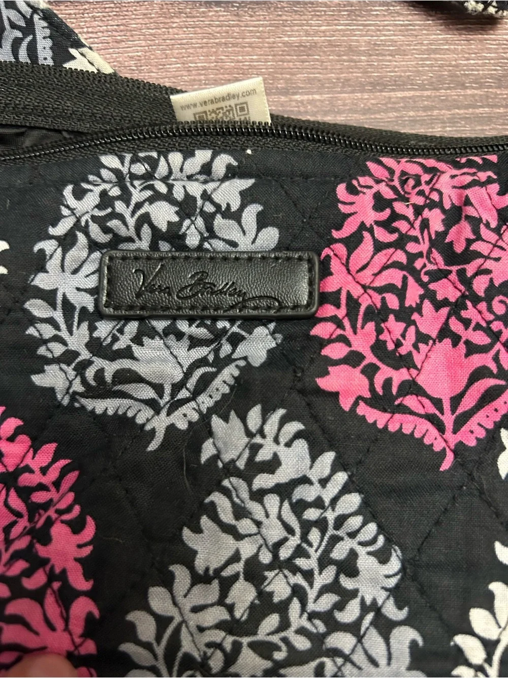 Vera Bradley Black Crossbody with Pink and Gray Floral Medallions